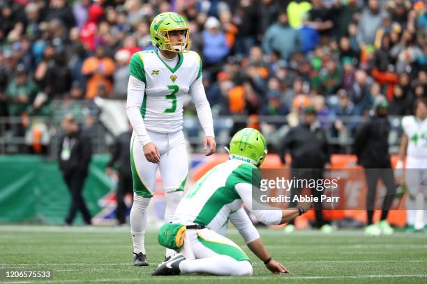 Andrew Franks of the Tampa Bay Vipers looks on before kicking a field goal in the second quarter against the Seattle Dragons during their game at...