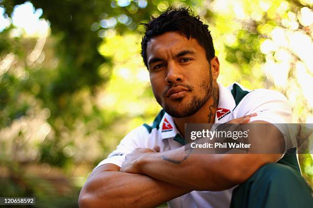 Digby Ioane of the Wallabies poses for a portrait during an Australian Wallabies media session at the Holiday Inn Garden Court Hotel on August 8,...