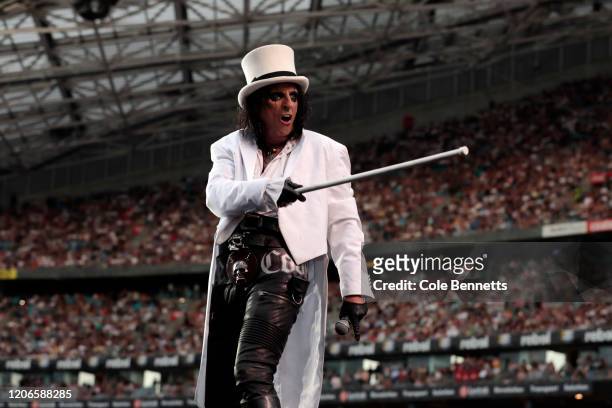 Alice Cooper performs during Fire Fight Australia at ANZ Stadium on February 16, 2020 in Sydney, Australia.