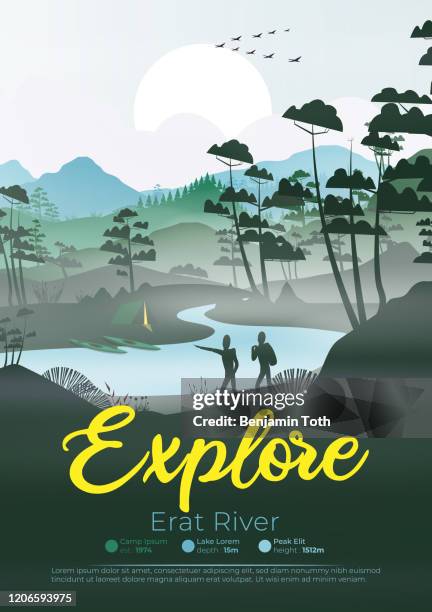 lake in a forest, and mountains - adventure badge stock illustrations