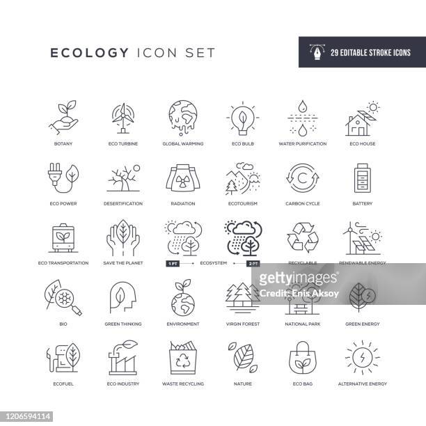 illustrazioni stock, clip art, cartoni animati e icone di tendenza di icone della linea di tratto modificabile in ecologia - industria energetica