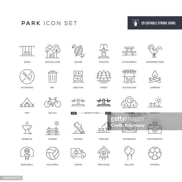 ilustrações de stock, clip art, desenhos animados e ícones de park editable stroke line icons - parque espaço construído