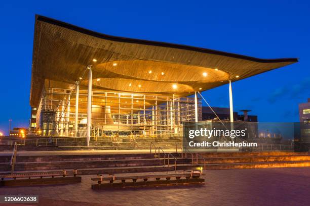 the senedd, welsh parliament, cardiff, wales, vereinigtes königreich - cardiff bay stock-fotos und bilder