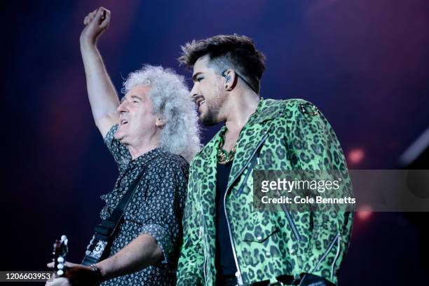 Adam Lambert performs with Brian May of Queen during Fire Fight Australia at ANZ Stadium on February 16, 2020 in Sydney, Australia.