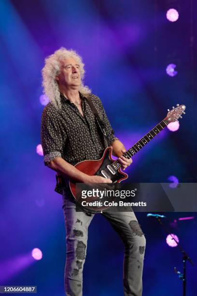 Brian May of Queen performs during Fire Fight Australia at ANZ Stadium on February 16, 2020 in Sydney, Australia.