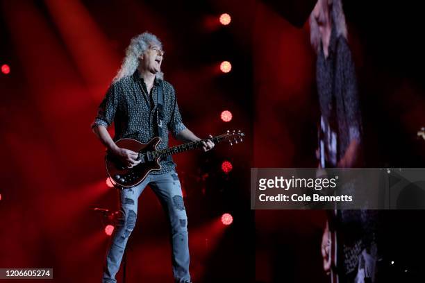 Brian May of Queen performs during Fire Fight Australia at ANZ Stadium on February 16, 2020 in Sydney, Australia.