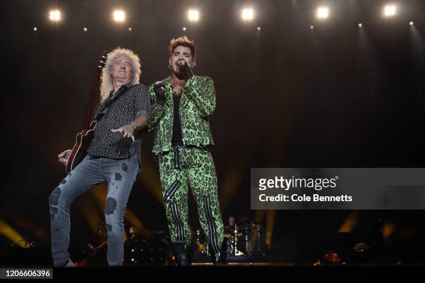 Adam Lambert performs with Brian May of Queen during Fire Fight Australia at ANZ Stadium on February 16, 2020 in Sydney, Australia.