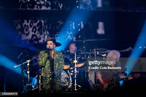 Adam Lambert performs with Brian May of Queen during Fire Fight Australia at ANZ Stadium on February 16, 2020 in Sydney, Australia.