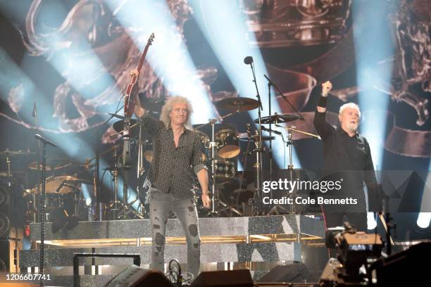 Brian May and Roger Meddows Taylor of Queen perform during Fire Fight Australia at ANZ Stadium on February 16, 2020 in Sydney, Australia.