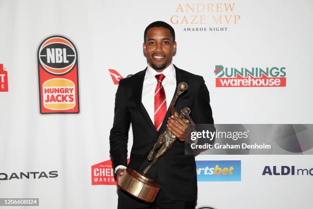 Bryce Cotton of the Wildcats poses with the award for Most Valuable Player for the 2019/20 NBL season during the 2020 Andrew Gaze MVP and Awards...