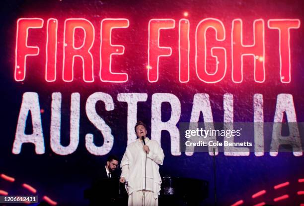 K.d. Lang performs during Fire Fight Australia at ANZ Stadium on February 16, 2020 in Sydney, Australia.