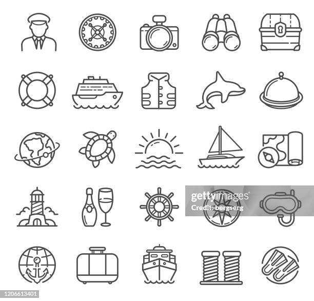 kreuzfahrt und nautische linie icons mit abenteuer, reisen, wetter und casino zeichen - schlepper stock-grafiken, -clipart, -cartoons und -symbole