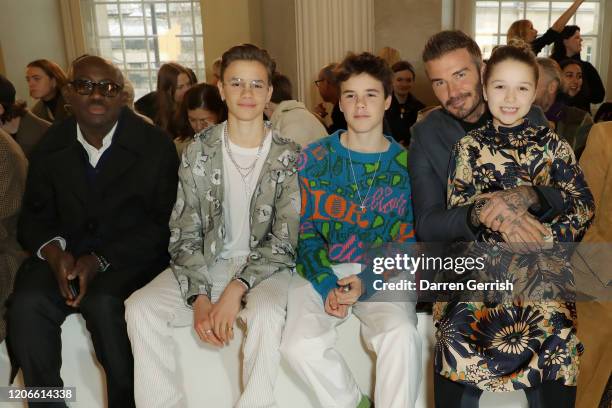 Edward Enninful, Romeo Beckham, Cruz Beckham, David Beckham and Harper Beckham attend the Victoria Beckham show during London Fashion Week February...