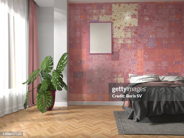 empty bedroom with cheese plant - wall paper 3d stock pictures, royalty-free photos & images