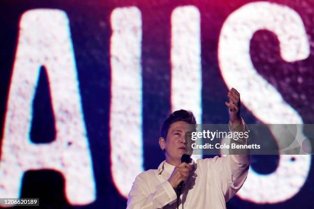 K.d. Lang performs during Fire Fight Australia at ANZ Stadium on February 16, 2020 in Sydney, Australia.