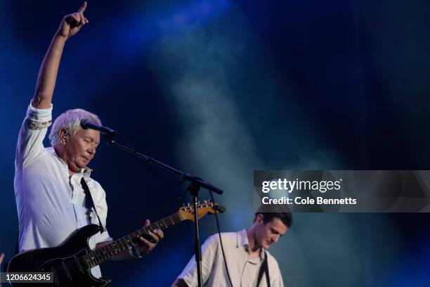 Iva Davies of Icehouse performs during Fire Fight Australia at ANZ Stadium on February 16, 2020 in Sydney, Australia.