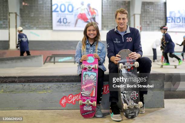 Skateboarder Sky Brown and Laureus Academy Member Tony Hawk pose during the Laureus Sport for Good Skateboard Visit prior to the 2020 Laureus World...