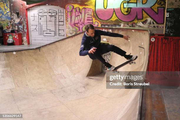 Laureus Academy Member Tony Hawk skates during the Laureus Sport for Good Skateboard Visit prior to the 2020 Laureus World Sports Awards at the Nike...