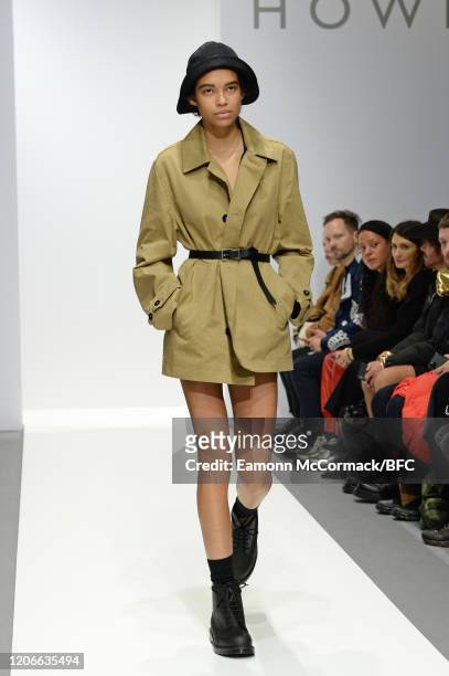 Model walks the runway at the Margaret Howell show during London Fashion Week February 2020 on February 16, 2020 in London, England.