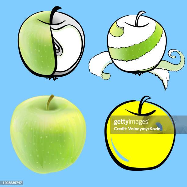 green and yellow apples - half in color with half a slice as a graphic image - cutting green apple stock illustrations