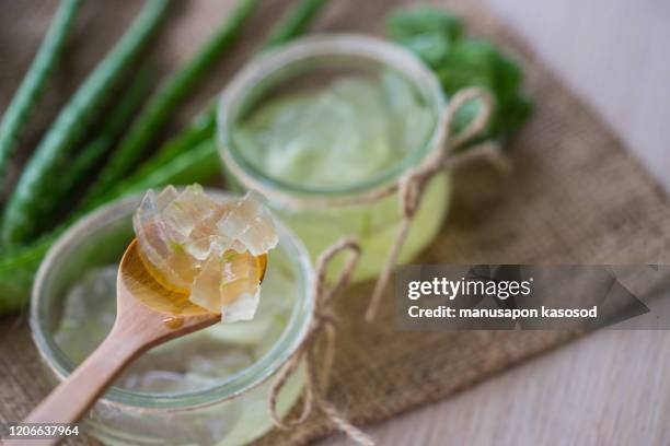 close-up of aloe vera on wooden table. - aloe vera imagens e fotografias de stock