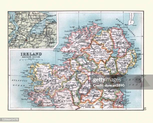 ilustraciones, imágenes clip art, dibujos animados e iconos de stock de mapa antiguo de irlanda del norte, detalle de londonderry, siglo xix - condado de donegal