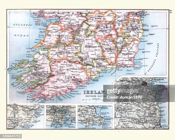 antike karte von südirland, detail von dublin, 19. jahrhundert - dublin irland stock-grafiken, -clipart, -cartoons und -symbole
