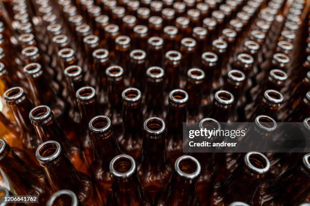 close-up on empty bottles ready to be filled at a beer factory - garrafa de cerveja imagens e fotografias de stock