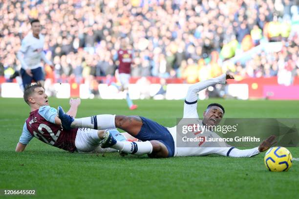 Bjorn Engels of Aston Villa fouls Steven Bergwijn of Tottenhan Hotspur leading to the awarding of Tottenham's first penalty during the Premier League...