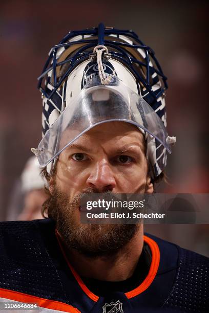 Goaltender Mike Smith of the Edmonton Oilers skates the ice prior to the start of the game against the Florida Panthers at the BB&T Center on...