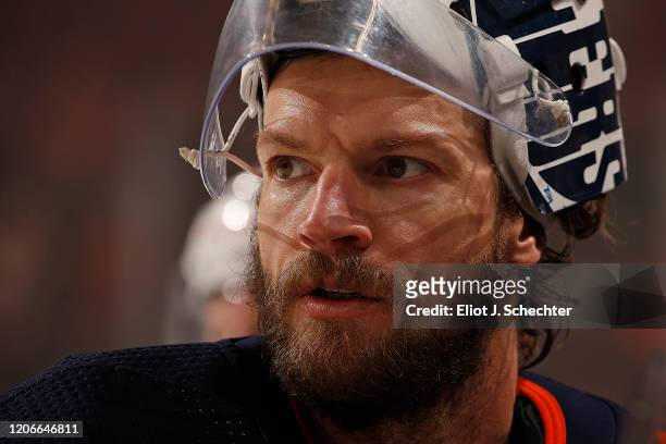 Goaltender Mike Smith of the Edmonton Oilers skates the ice prior to the start of the game against the Florida Panthers at the BB&T Center on...