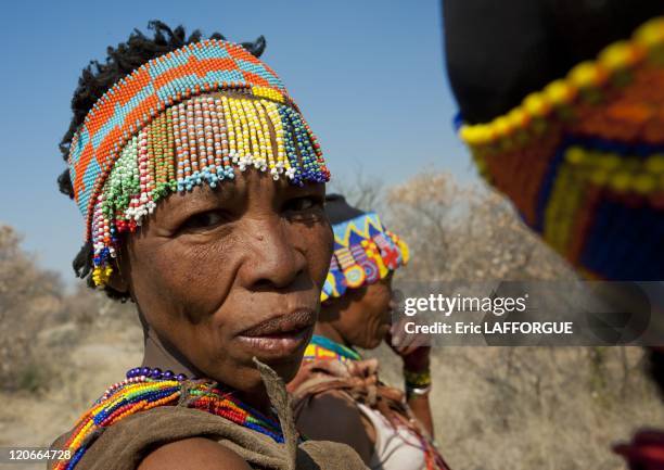 San Woman With A Beaded Headdress in Namibia on August 22, 2010 - San are an ethnic group of South West Africa. They live in the Kalahari Desert...