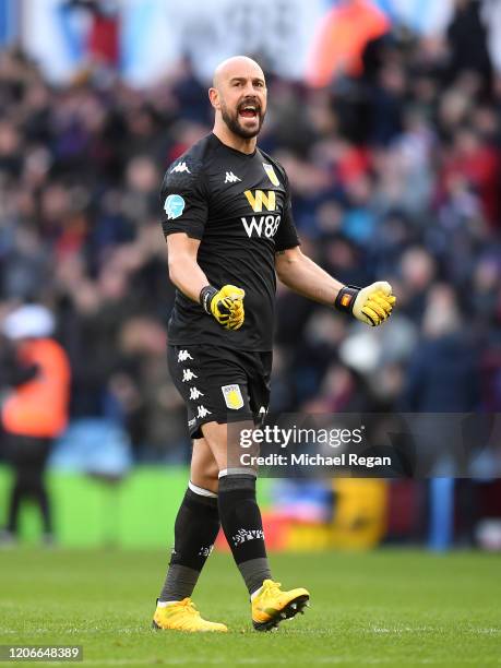 Pepe Reina of Aston Villa celebrates his sides second goal scored by Bjorn Engels during the Premier League match between Aston Villa and Tottenham...