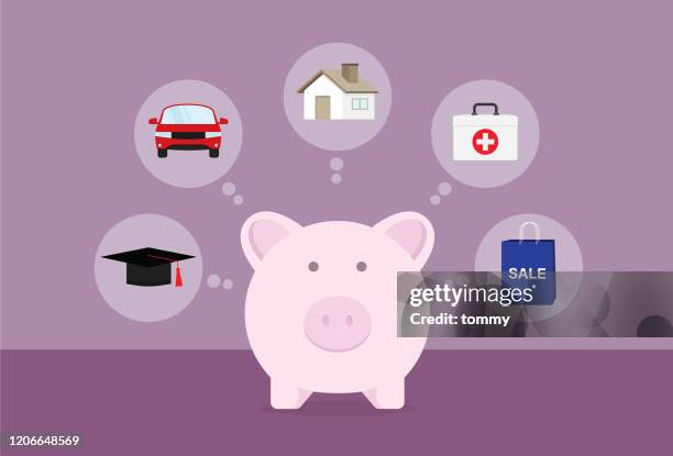 geschäftsmann spart geld für bildung, auto, haus, gesundheit und einkaufen - financial planning stock-grafiken, -clipart, -cartoons und -symbole