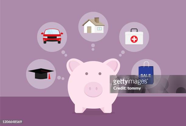 businessman saving money for education, car, house, health, and shopping - bank account stock illustrations