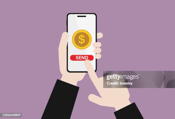 businessman send us currency by mobile phone - electronic banking stock illustrations