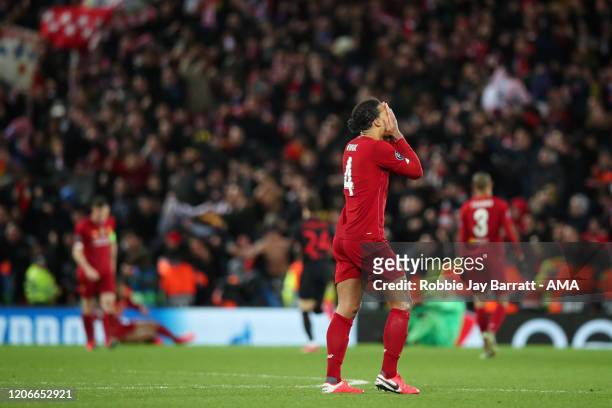 Dejected Virgil Van Dijk of Liverpool after defeat in the UEFA Champions League round of 16 second leg match between Liverpool FC and Atletico Madrid...