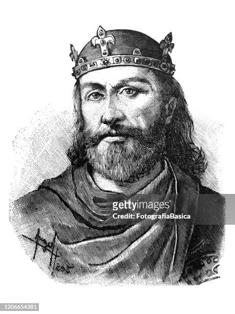 antique illustration of spanish king alfonso vi - fotografie stock illustrations