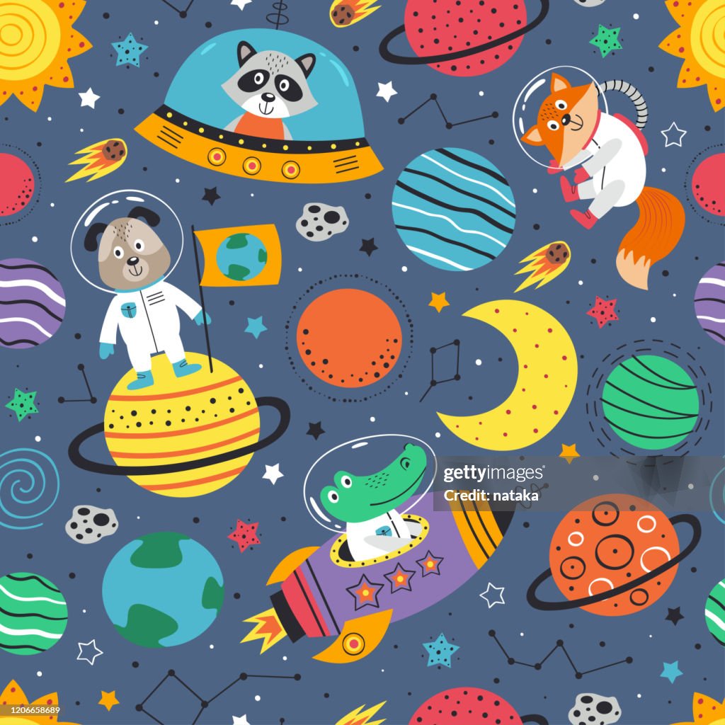 Seamless Pattern With Space Animals Crocodile Dog Fox And Raccoon In ...
