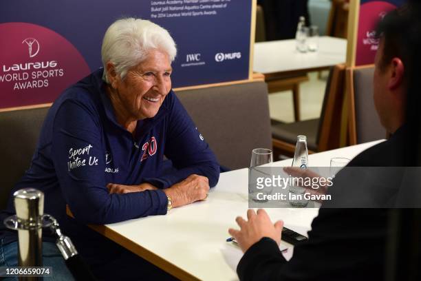 Laureus Academy Member Dawn Fraser listens during an interview at the Mercedes Benz Building prior to the Laureus World Sports Awards on February 16,...