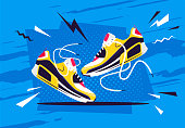 Vector illustration of a pair of athletic shoes on an active retro style background