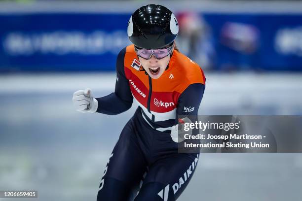 Lara van Ruijven of Netherlands celebrates in the Ladies 500m final during day 2 of the ISU World Cup Short Track at Sportboulevard on February 16,...