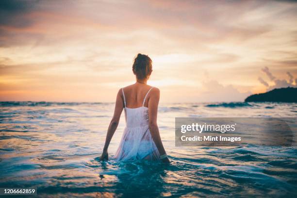 rear view of young woman wearing a white dress walking in the ocean at sunset. - wade bildbanksfoton och bilder