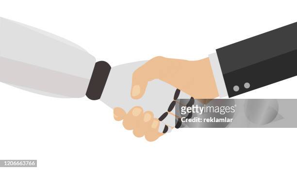 businessman and robot shaking hands. artificial intelligence robot handshake concept. - robotic arm stock illustrations