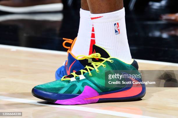 The sneakers worn by Treveon Graham of the Atlanta Hawks sduring the game against the New York Knicks on March 11, 2020 at State Farm Arena in...