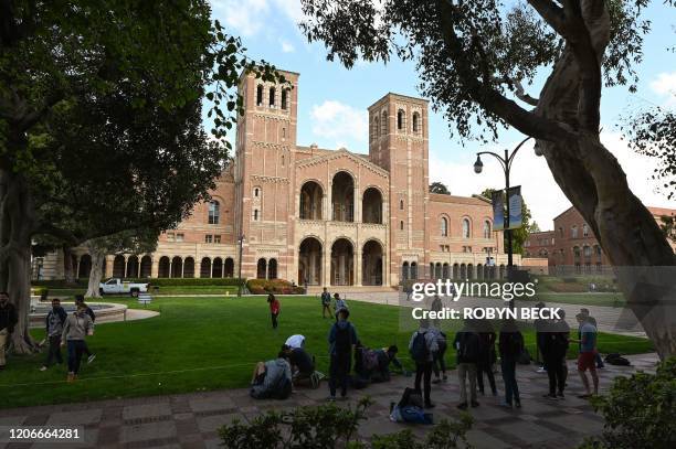 Students participate in an activity near Royce Hall on the campus of University of California at Los Angeles in Los Angeles, California on March 11,...