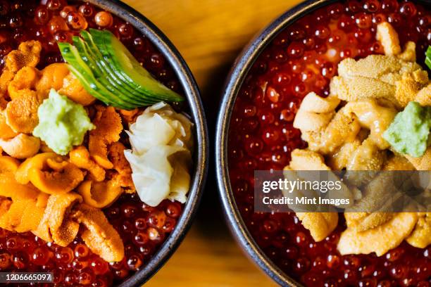 high angle close up of uni, sea urchin, with salmon roe and rice. - ikura bildbanksfoton och bilder