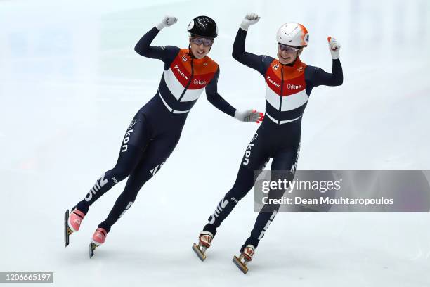 Yara Van Kerkhof and Lara Van Ruijven both of the Netherlands celebrate after the Womens 500m Final during the ISU World Cup Short Track at Optisport...