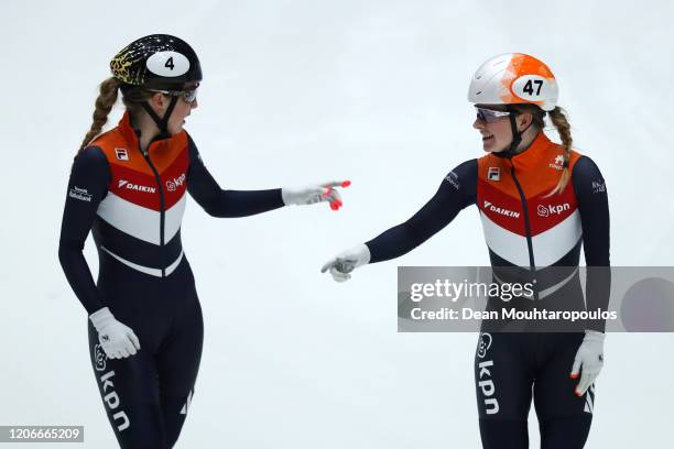 Yara Van Kerkhof and Lara Van Ruijven both of the Netherlands celebrate after the Womens 500m Final during the ISU World Cup Short Track at Optisport...