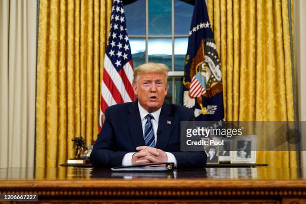 President Donald Trump addresses the nation from the Oval Office about the widening coronavirus crisis on March 11, 2020 in Washington, DC. President...